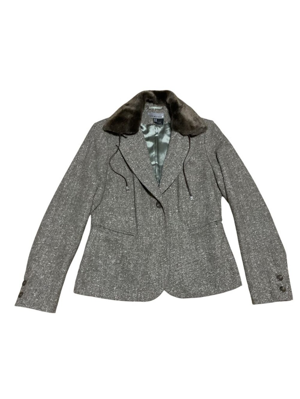 FTX Women Tweed Wool Blend Blazer Size 8 With Detachable Faux Fur Collar Gray